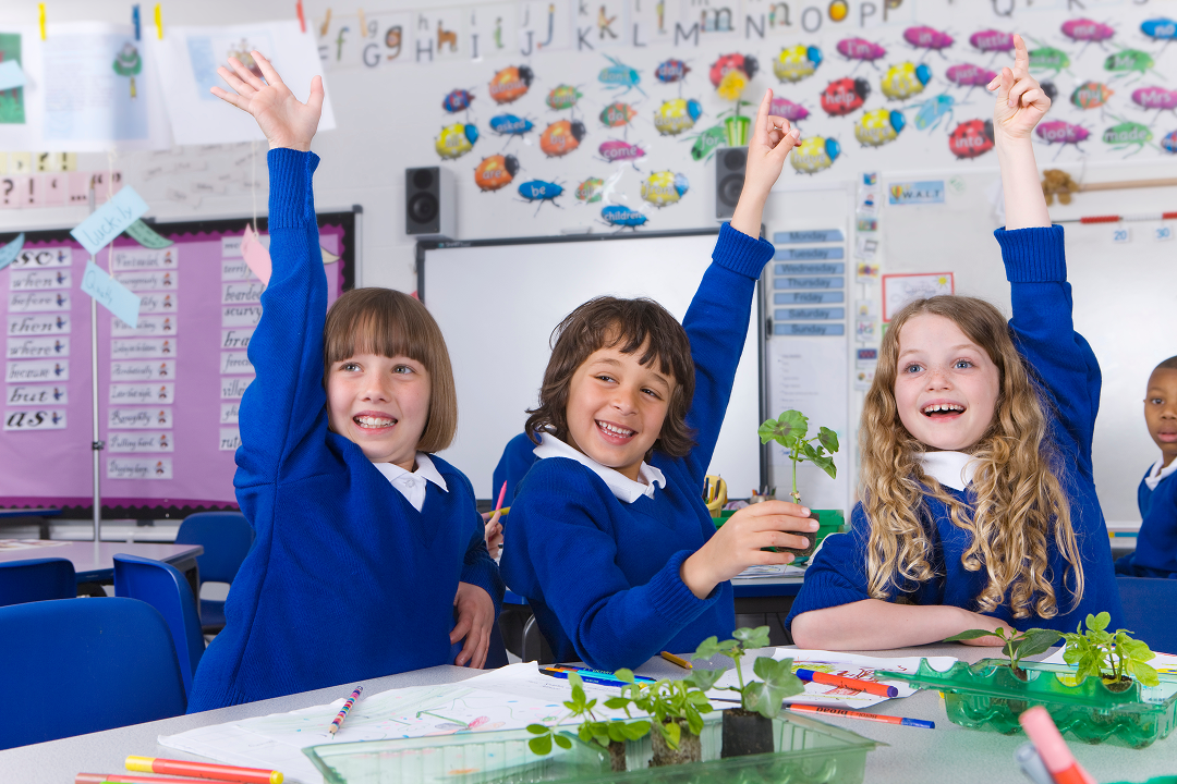 A front view of enthusiastic school kids raising hands